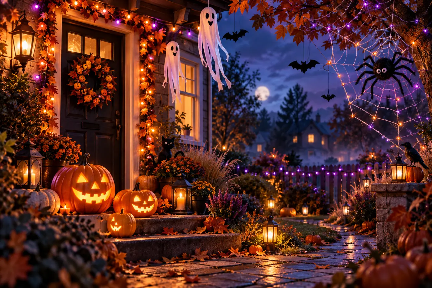 Original illustration of a family-friendly Halloween porch with pumpkins, lights, ghosts and a spider web