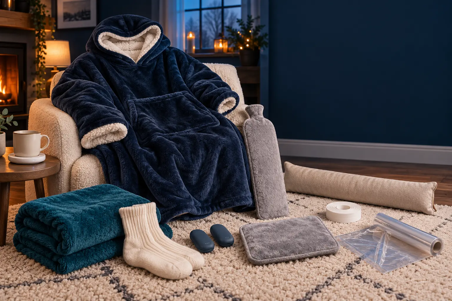 Original illustration of an oversized blanket hoodie, hot-water bottle, fleece throw, thermal socks and small draught-proofing products in a cosy living room